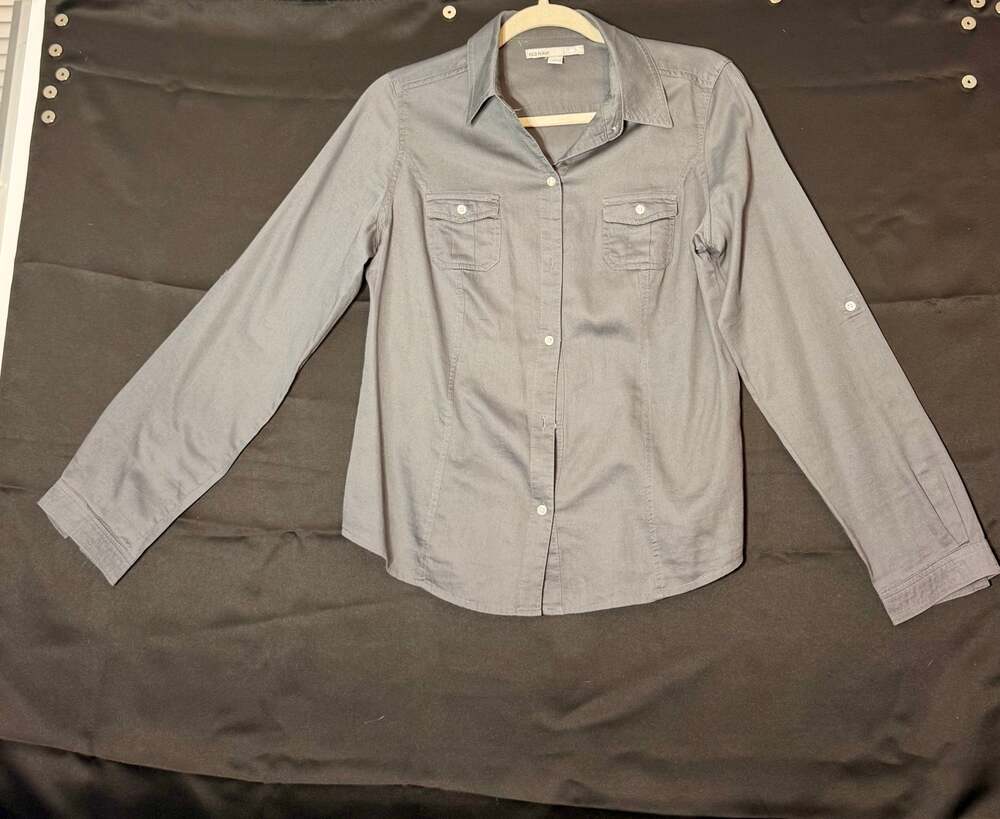 Old Navy Women's Medium Gray Utility Button Down Shirt Long Sleeve Roll Tab